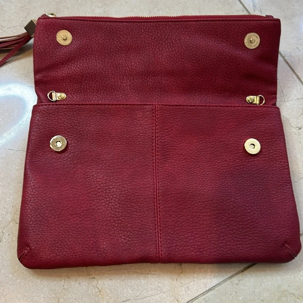 Red Foldover Clutch with Fringe Zipper